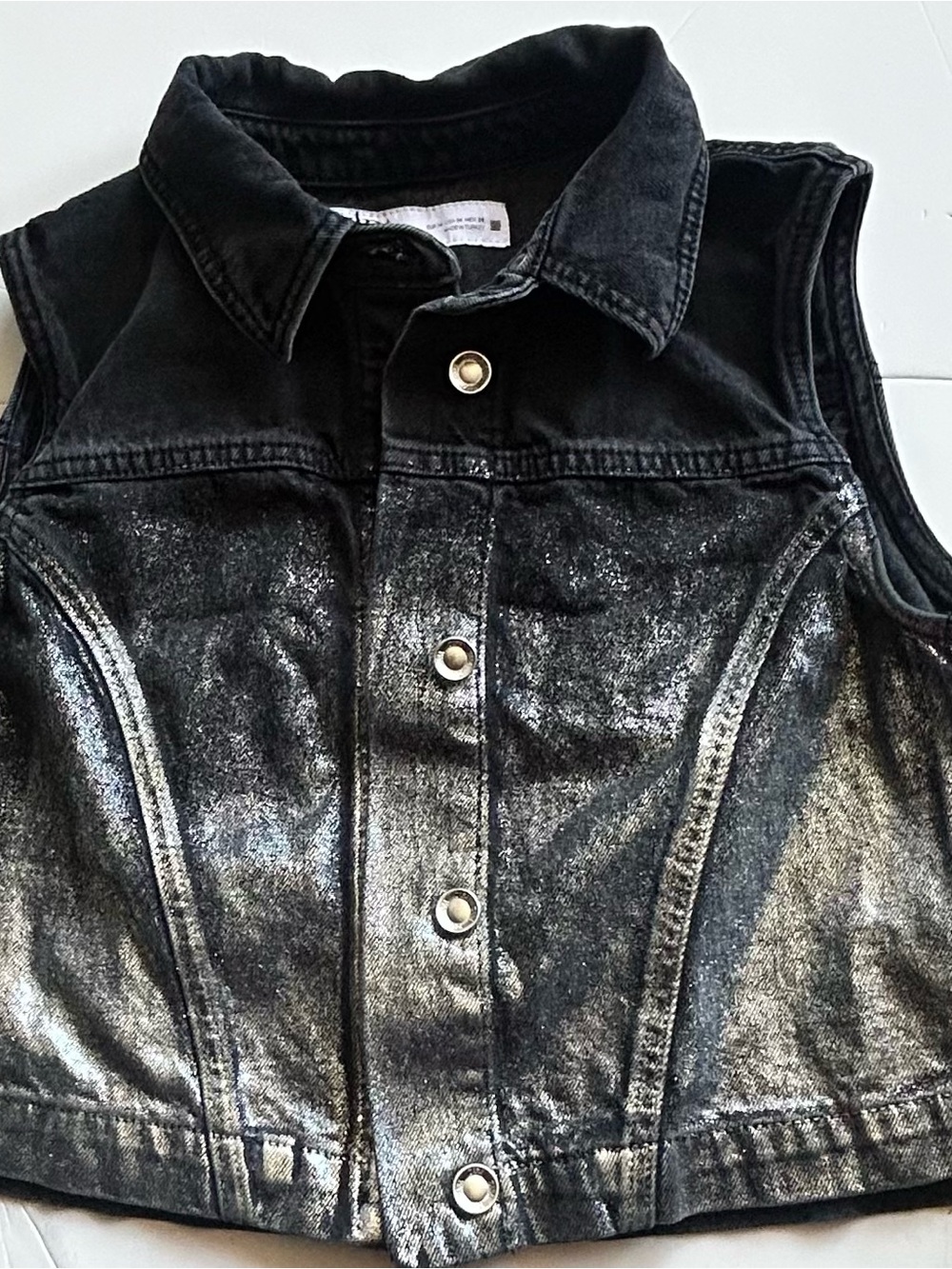 Zara black denim vest with silver metallic sheen #metallic #edgy